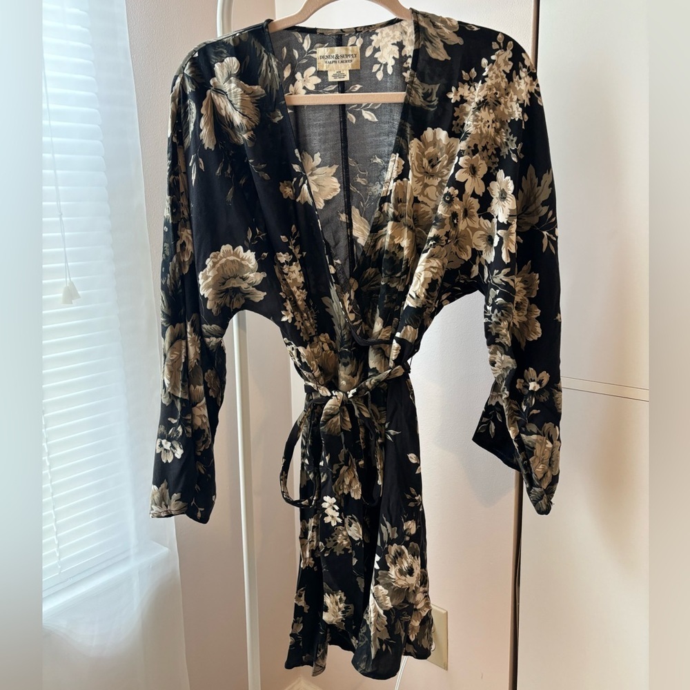 Denim & Supply Ralph Lauren Black Floral Wrap Dress Size M Long Sleeve Boho - Picture 2 of 2